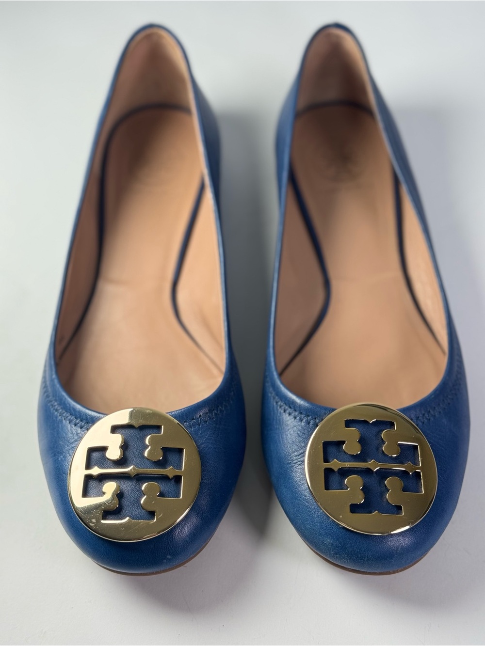 Tory Burch Navy Blue Leather Reva Flats with Gold Logo Medallion - Size 9